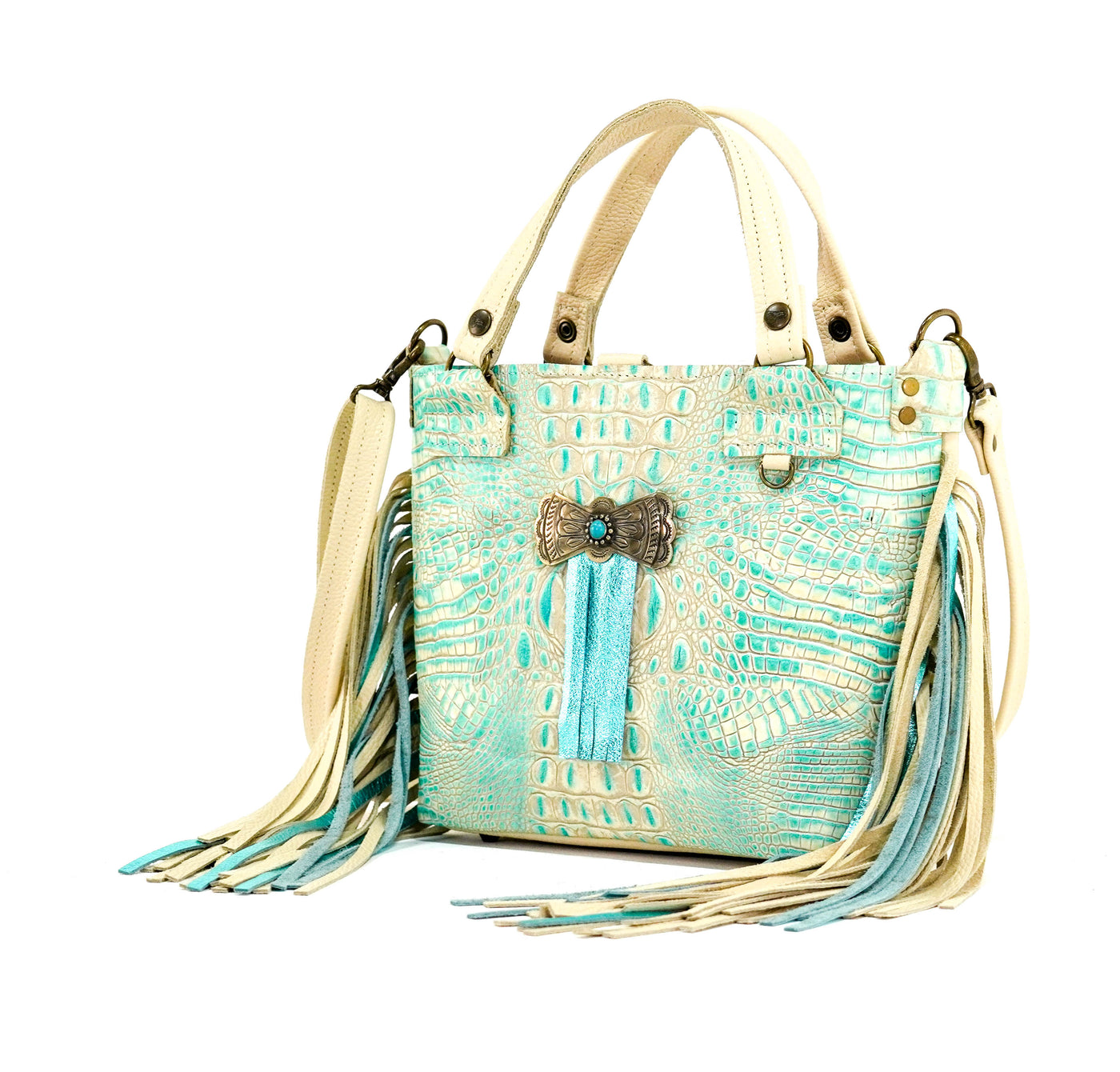 Swift - All Embossed w/ Ivory & Turquoise Croc-Swift-Western-Cowhide-Bags-Handmade-Products-Gifts-Dancing Cactus Designs