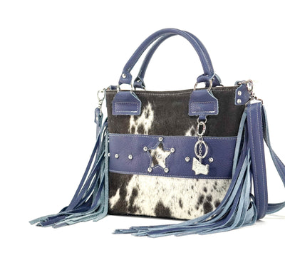 Swift - Chocolate & White w/ Navy Leather-Swift-Western-Cowhide-Bags-Handmade-Products-Gifts-Dancing Cactus Designs