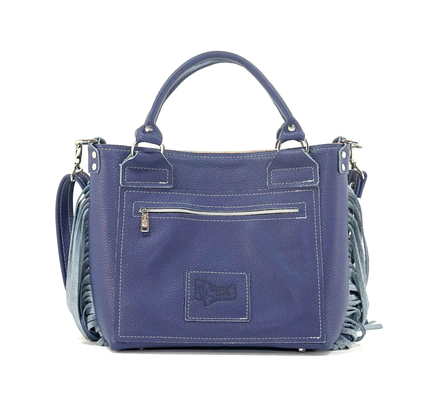 Swift - Chocolate & White w/ Navy Leather-Swift-Western-Cowhide-Bags-Handmade-Products-Gifts-Dancing Cactus Designs