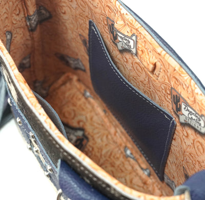 Swift - Chocolate & White w/ Navy Leather-Swift-Western-Cowhide-Bags-Handmade-Products-Gifts-Dancing Cactus Designs