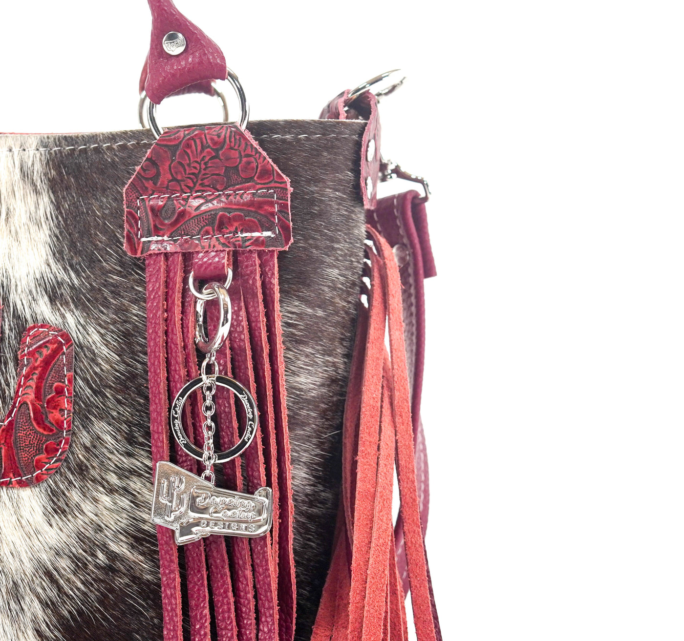 Swift - Chocolate & White w/ Red Tool-Swift-Western-Cowhide-Bags-Handmade-Products-Gifts-Dancing Cactus Designs