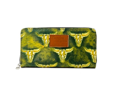 The Stage Coach Wallet - All Embossed w/ Mountain View Skulls-The Stage Coach Wallet-Western-Cowhide-Bags-Handmade-Products-Gifts-Dancing Cactus Designs