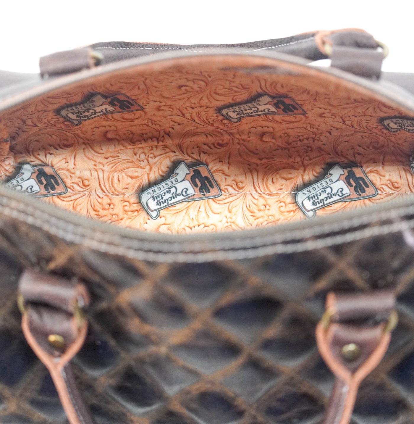 The Stowaway Classic - All Embossed w/ Walnut Diamond Stitch-The Stowaway Classic-Western-Cowhide-Bags-Handmade-Products-Gifts-Dancing Cactus Designs