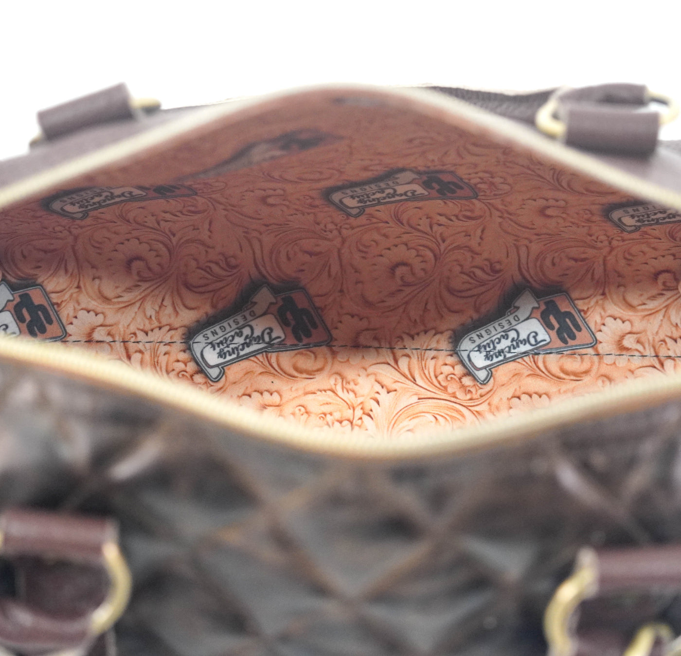 The Stowaway Classic - All Embossed w/ Walnut Diamond Stitch-The Stowaway Classic-Western-Cowhide-Bags-Handmade-Products-Gifts-Dancing Cactus Designs
