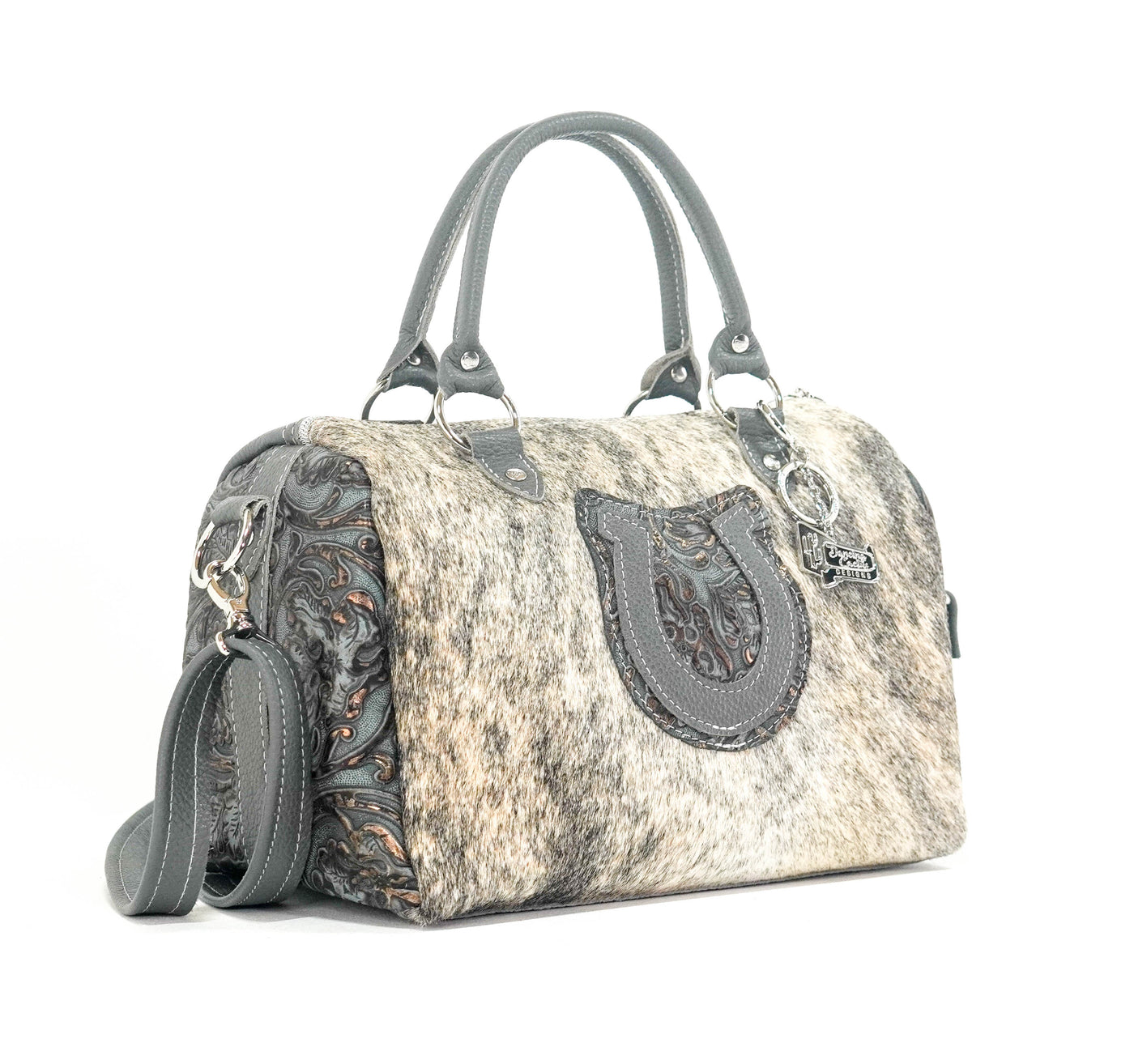The Stowaway Classic - Light Brindle w/ Plated Denim Tool-The Stowaway Classic-Western-Cowhide-Bags-Handmade-Products-Gifts-Dancing Cactus Designs