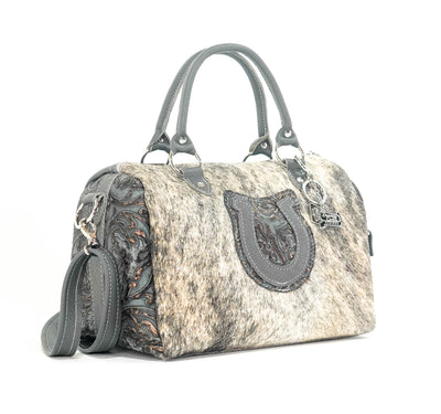 The Stowaway Classic - Light Brindle w/ Plated Denim Tool-The Stowaway Classic-Western-Cowhide-Bags-Handmade-Products-Gifts-Dancing Cactus Designs