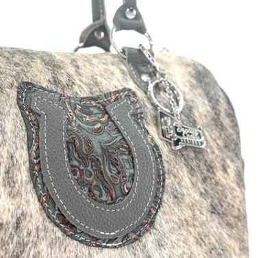 The Stowaway Classic - Light Brindle w/ Plated Denim Tool-The Stowaway Classic-Western-Cowhide-Bags-Handmade-Products-Gifts-Dancing Cactus Designs