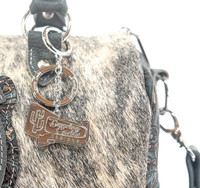 The Stowaway Classic - Light Brindle w/ Plated Denim Tool-The Stowaway Classic-Western-Cowhide-Bags-Handmade-Products-Gifts-Dancing Cactus Designs