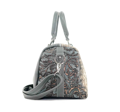 The Stowaway Classic - Light Brindle w/ Plated Denim Tool-The Stowaway Classic-Western-Cowhide-Bags-Handmade-Products-Gifts-Dancing Cactus Designs