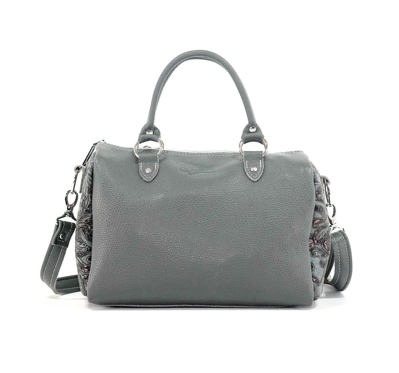 The Stowaway Classic - Light Brindle w/ Plated Denim Tool-The Stowaway Classic-Western-Cowhide-Bags-Handmade-Products-Gifts-Dancing Cactus Designs