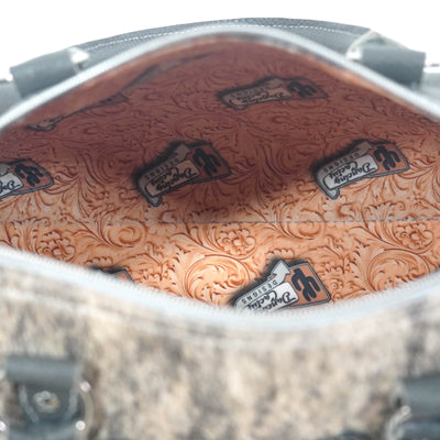 The Stowaway Classic - Light Brindle w/ Plated Denim Tool-The Stowaway Classic-Western-Cowhide-Bags-Handmade-Products-Gifts-Dancing Cactus Designs