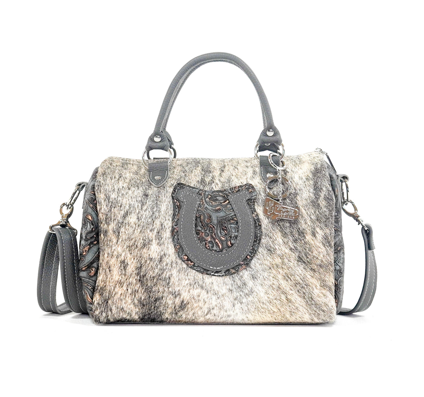 The Stowaway Classic - Light Brindle w/ Plated Denim Tool-The Stowaway Classic-Western-Cowhide-Bags-Handmade-Products-Gifts-Dancing Cactus Designs