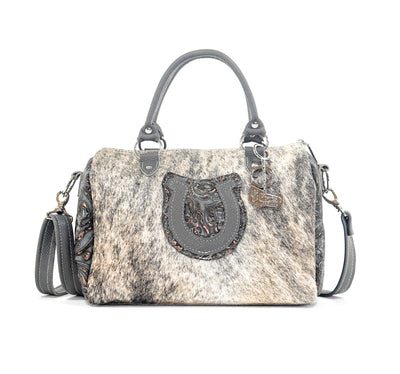 The Stowaway Classic - Light Brindle w/ Plated Denim Tool-The Stowaway Classic-Western-Cowhide-Bags-Handmade-Products-Gifts-Dancing Cactus Designs