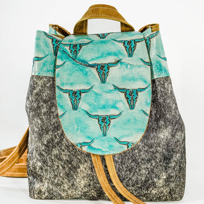 Mini Kelsea Backpack - Brindle w/ Caribbean Skulls-Mini Kelsea Backpack-Western-Cowhide-Bags-Handmade-Products-Gifts-Dancing Cactus Designs