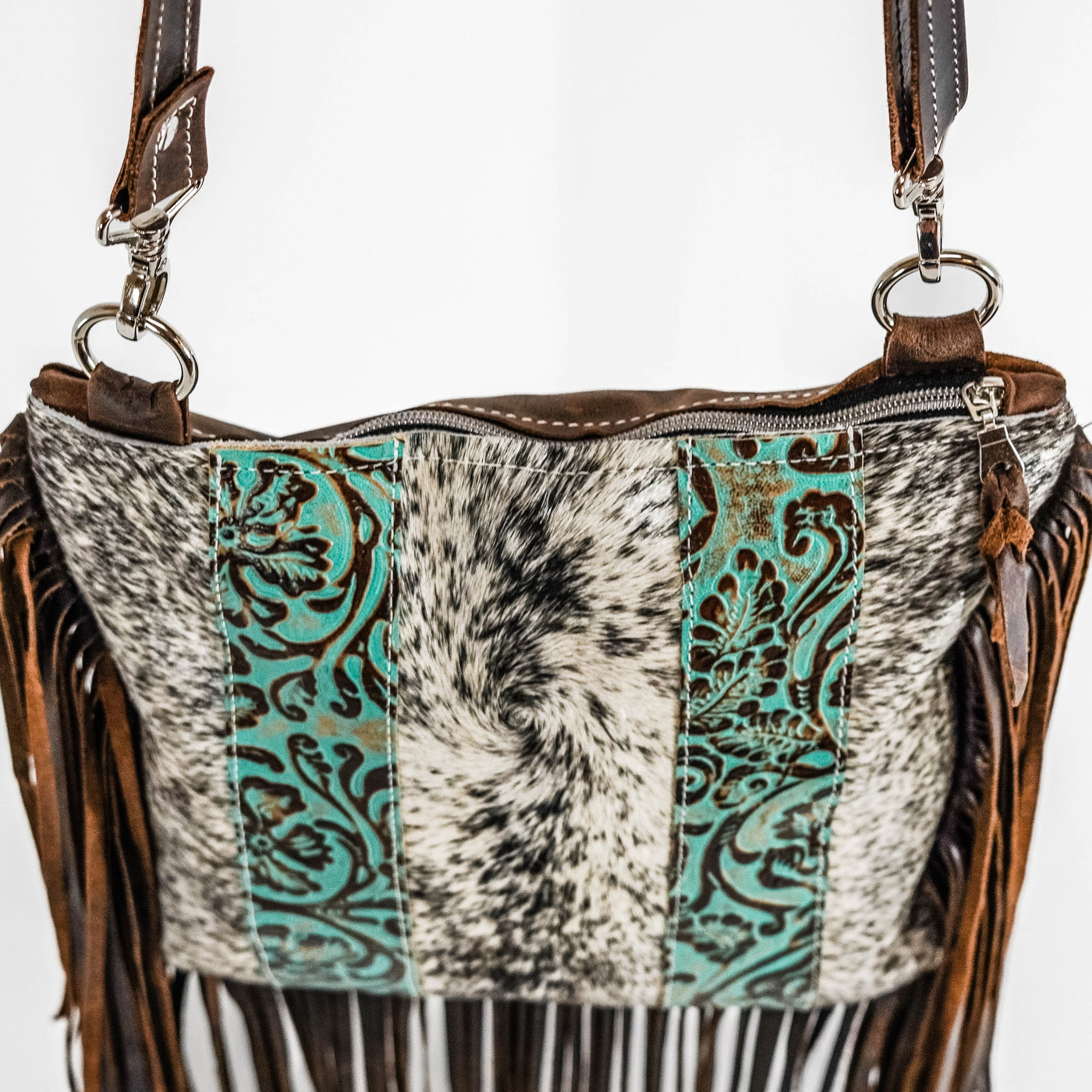 Shania - Black & White w/ Turquoise Tool-Shania-Western-Cowhide-Bags-Handmade-Products-Gifts-Dancing Cactus Designs