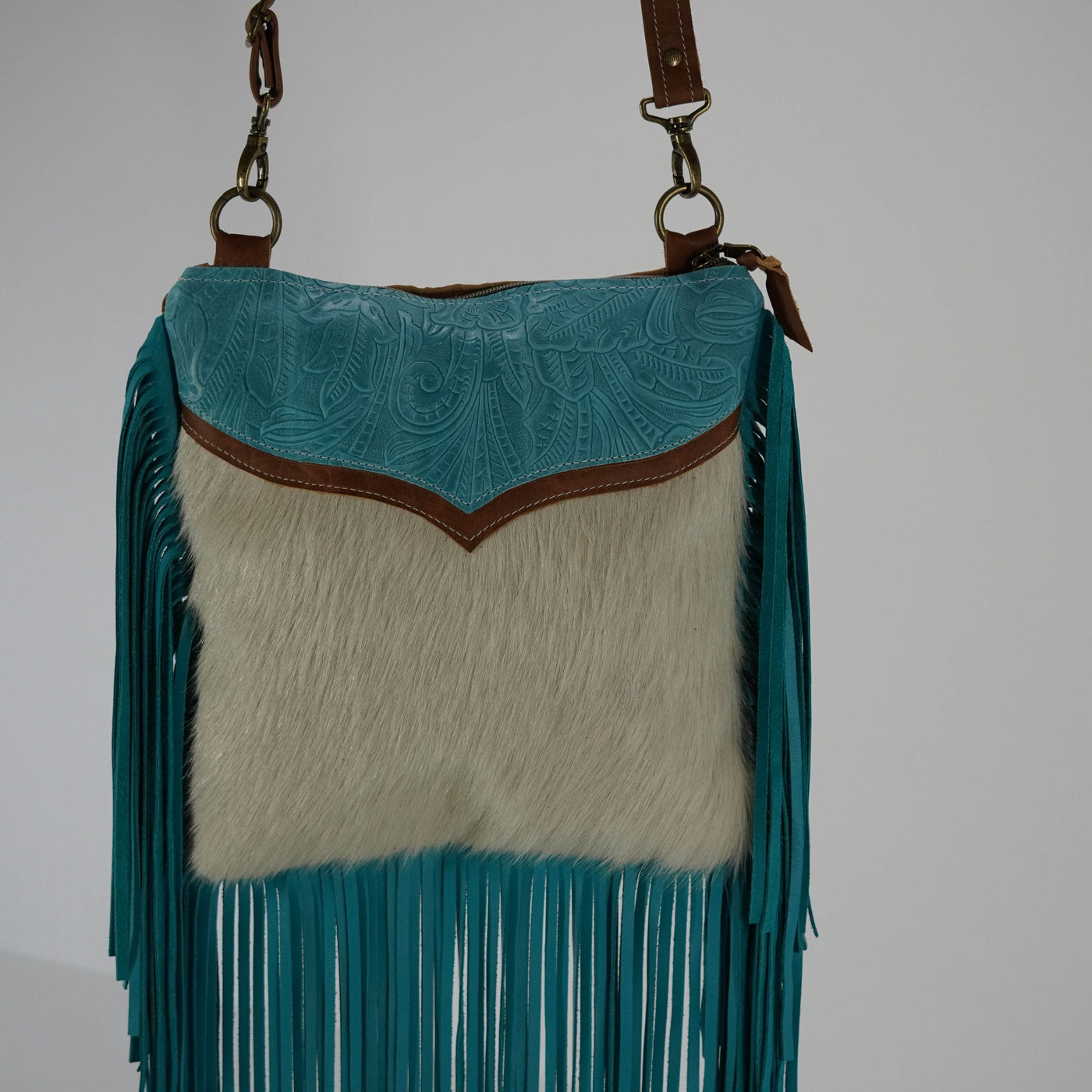 Shania - White Hide w/ Turquoise Denver Tool-Shania-Western-Cowhide-Bags-Handmade-Products-Gifts-Dancing Cactus Designs